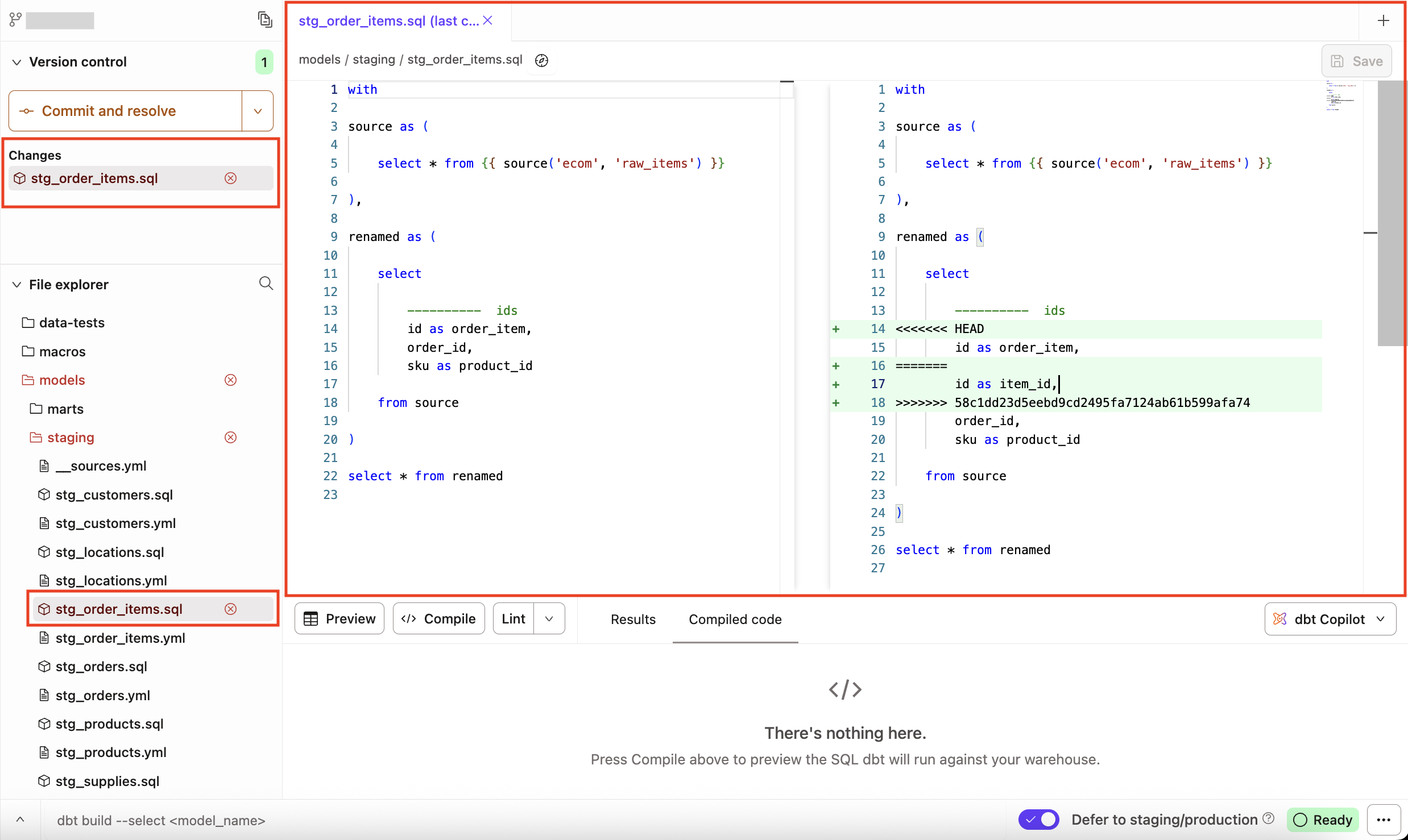 Conflicting section that needs resolution will be highlighted
